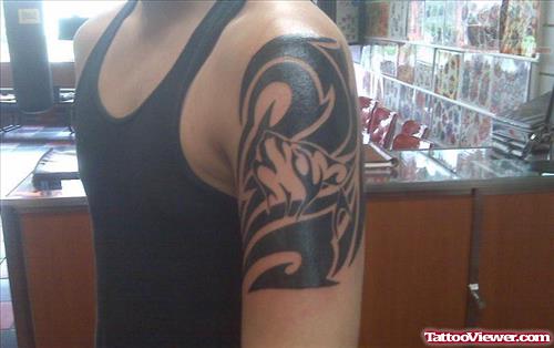 Black Ink Tribal And Wolf Head Half Sleeve Tattoo