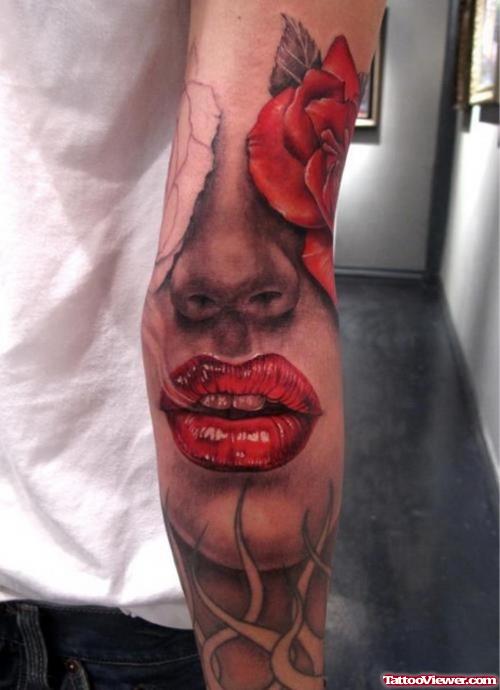 Red Rose And Girl Head Half Sleeve Tattoo