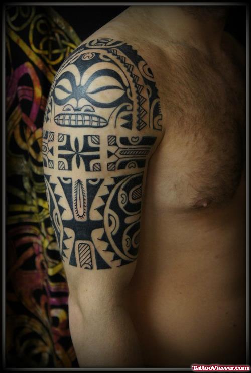 Polynesian Right Half Sleeve Tattoo For Men