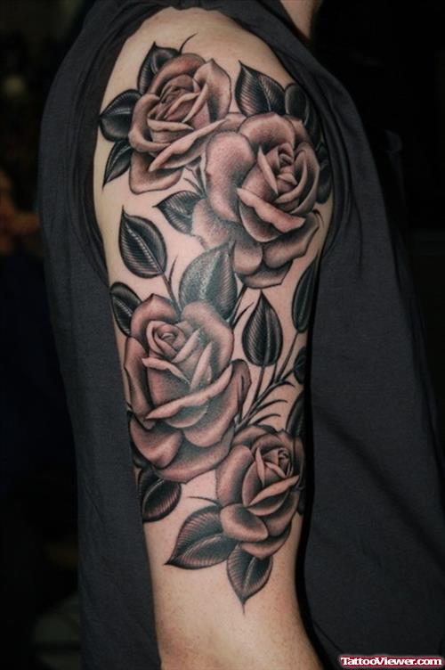 Grey Rose Flowers Half Sleeve Tattoo For Men