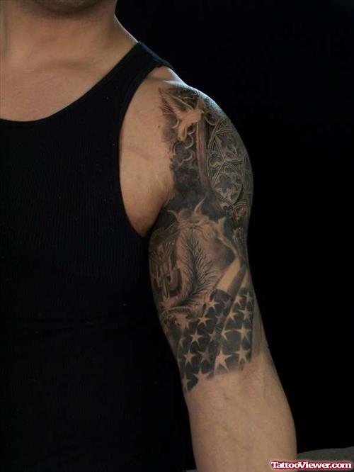 Grey Ink Patriotic Half Sleeve Tattoo