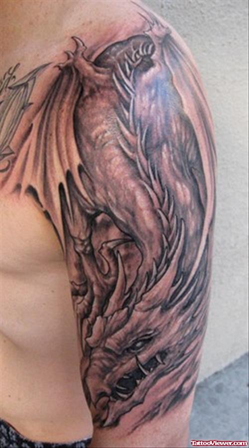 Grey Ink Dragons Half Sleeve Tattoo