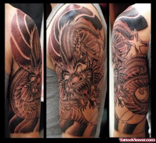Grey Ink Dragon Half Sleeve Tattoo