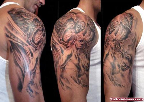 Grey Ink Biomechanical Half Sleeve Tattoo For Men