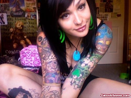 Girl Showing Her Half Sleeve Tattoos