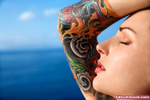 Colored Japanese Half Sleeve Tattoo For Girls