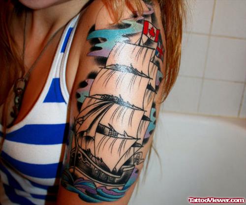 Colored Ink Ship Half Sleeve Tattoo
