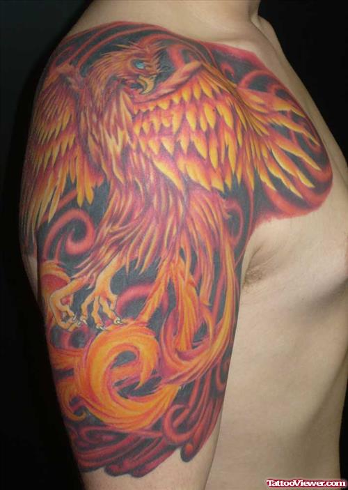 Colored Flying Phoenix Half Sleeve Tattoo