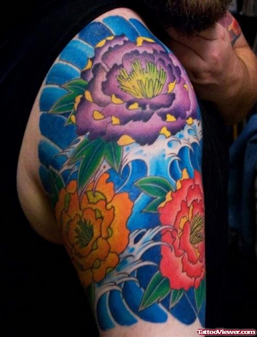 Awful Colored Flowers Half Sleeve Tattoo