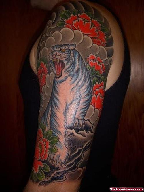 Japanese Flowers and Tiger Half Sleeve Tattoo