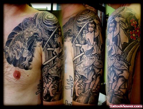 Grey Ink Samurai Left Half Sleeve Tattoo Design
