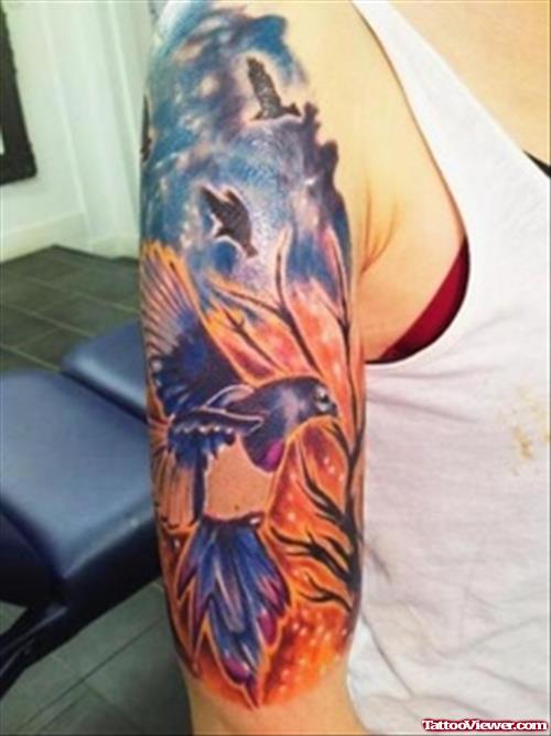 Flying Bird Colored Half Sleeve Tattoo