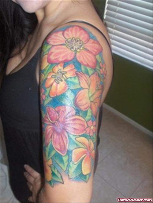 Colored Flowers Left Half Sleeve Tattoo