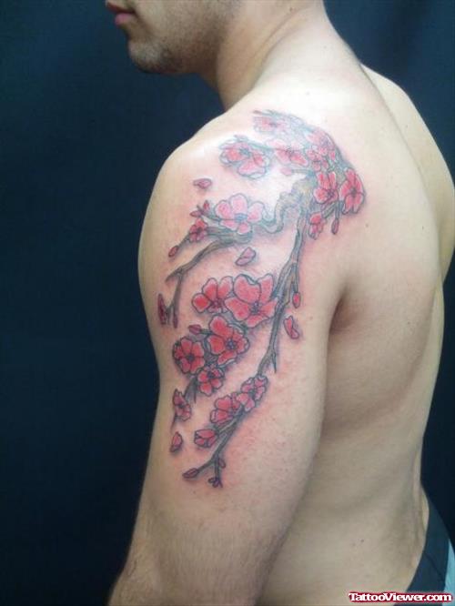 Cherry Blossom Flowers Half Sleeve Tattoo