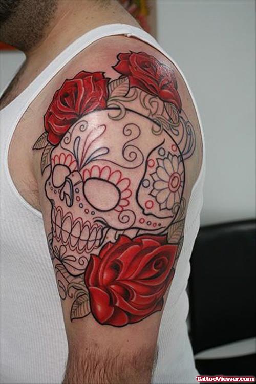 Sugar Skull and Red Rose Flowers Half Sleeve Tattoo