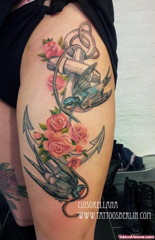 Pnk Flowers And Anchor Leg Half Sleeve Tattoo