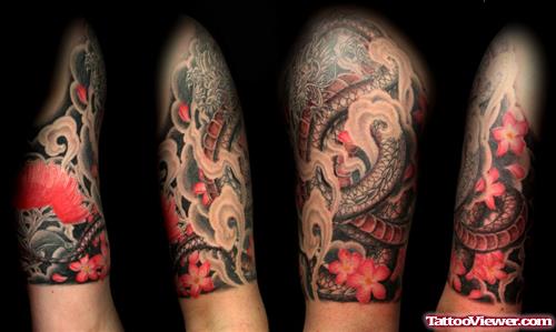 Pink flowers and Half Sleeve Dragon Tattoo