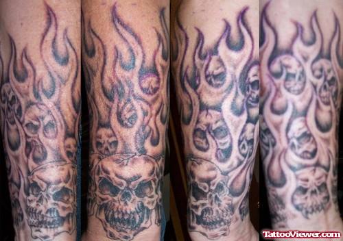 Grey Ink Flames Half Sleeve Tattoo