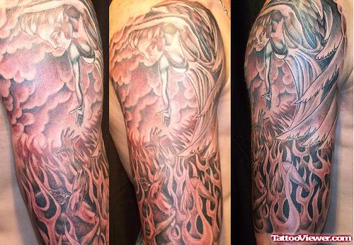 Grey Ink Angel And Fireflames Half Sleeve Tattoo