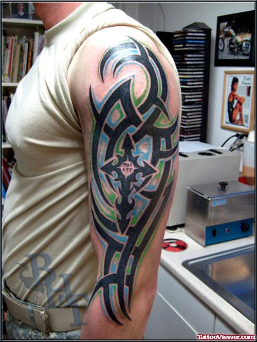 Black Tribal And Cross Half Sleeve Tattoo For Men