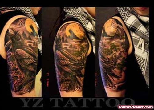 Black Ink Crow Half Sleeve Tattoos Designs