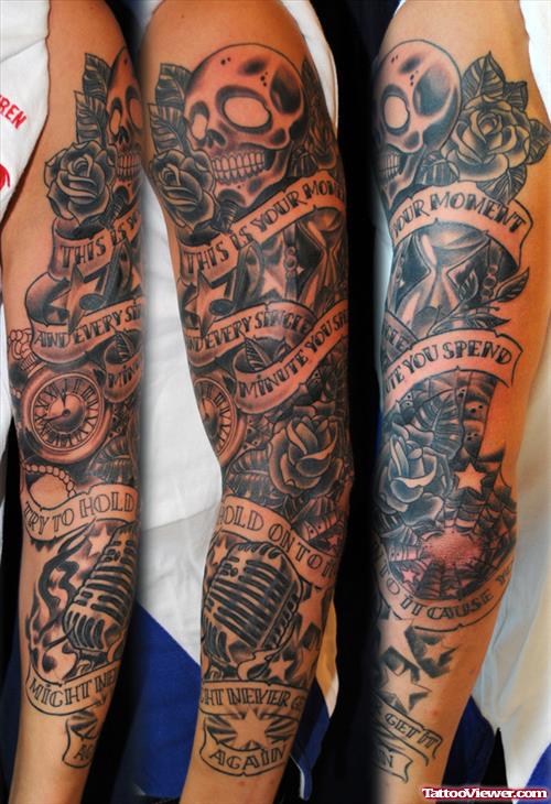 Banner and Rose Flowers Half Sleeve Tattoo
