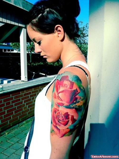 Awesome Red Rose Flowers Half Sleeve Tattoo