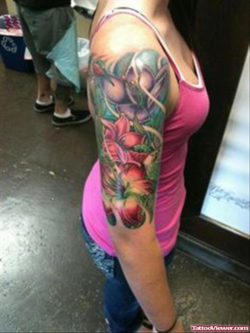 Awesome Colored Flowers Half Sleeve Tattoo
