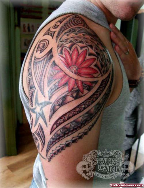 Polynesian And Flower Half Sleeve Tattoo
