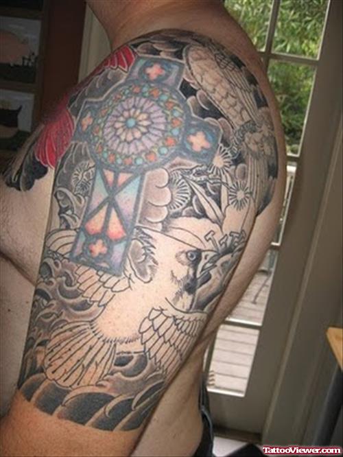 Large Cross Half Sleeve Tattoo