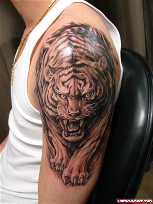Grey Ink Tiger Left Half Sleeve Tattoo