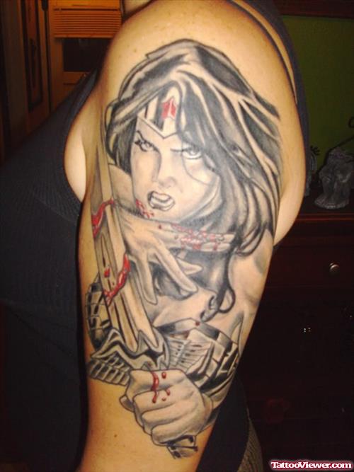 Grey Ink Ninja Half Sleeve Tattoo