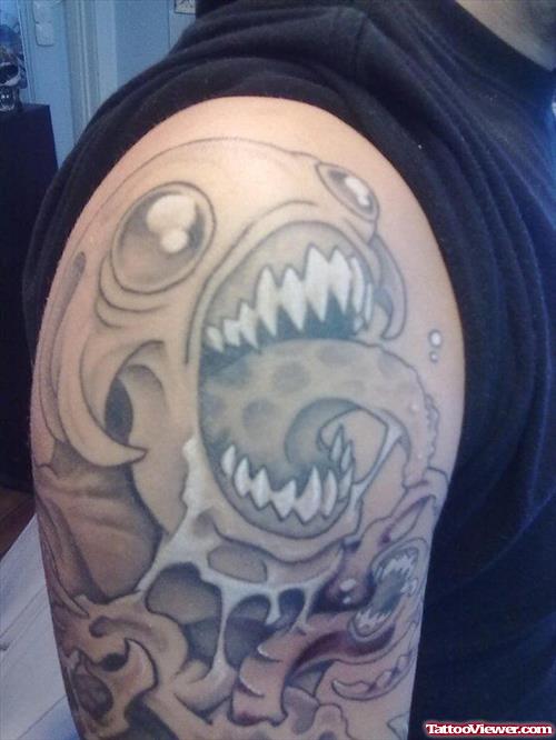 Grey Ink Evil Fish Half Sleeve Tattoo