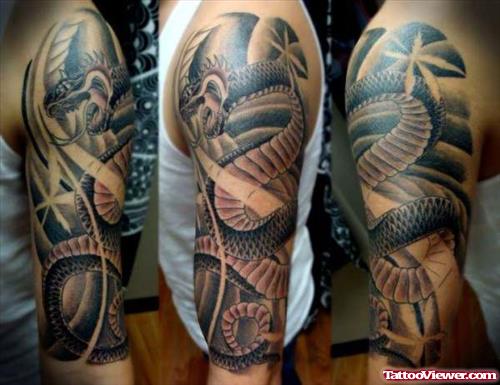 Grey Ink Dragon Half Sleeve Tattoos
