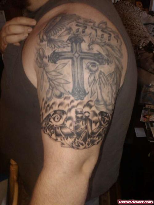 Grey Ink Cross Left Half Sleeve Tattoo