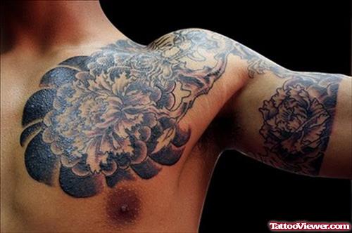 Grey Ink Dragon Half Sleeve & Man Chest Tattoo