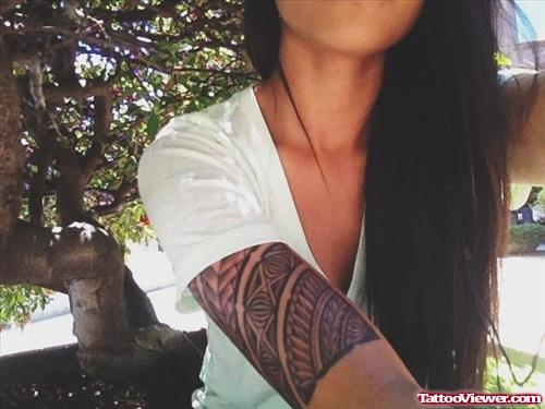 Black Ink Polynesian Half Sleeve Tattoo For Girls