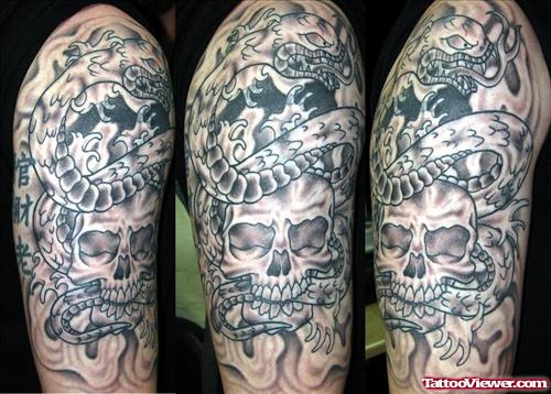 Awesoem Grey Ink Skull Half Sleeve Tattoo