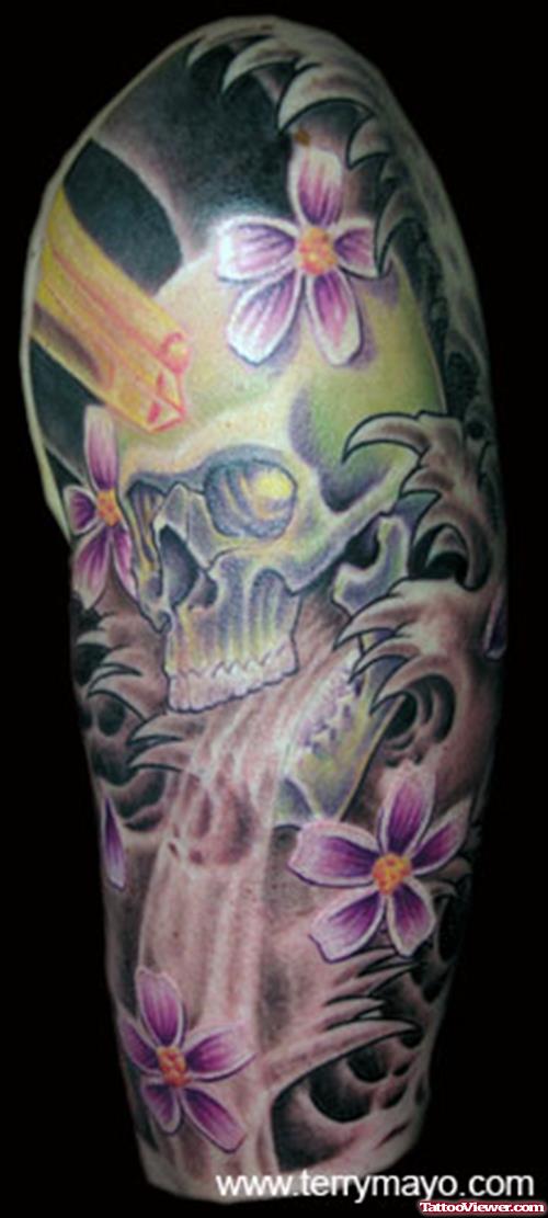 Skull And Flowers Half Sleeve Tattoo Design