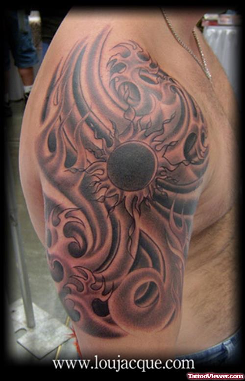 Grey Ink Sun Half Sleeve Tattoo
