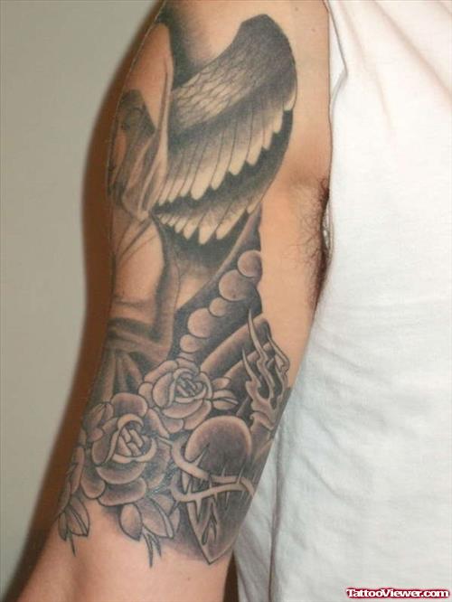 Grey Ink Sacred Heart Half Sleeve Tattoo