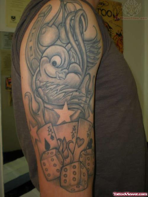 Grey Ink Flying Bird And Dice Half Sleeve Tattoo