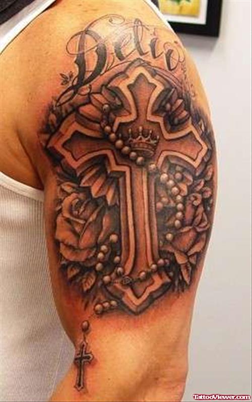 Grey Flowers and Cross Half Sleeve Tattoo