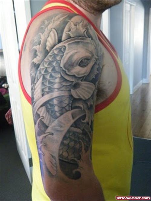 Grey Ink Koi Half Sleeve Tattoo