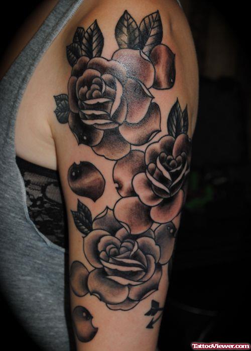 Grey Ink Rose Flowers And Half Sleeve Tattoo For Girls