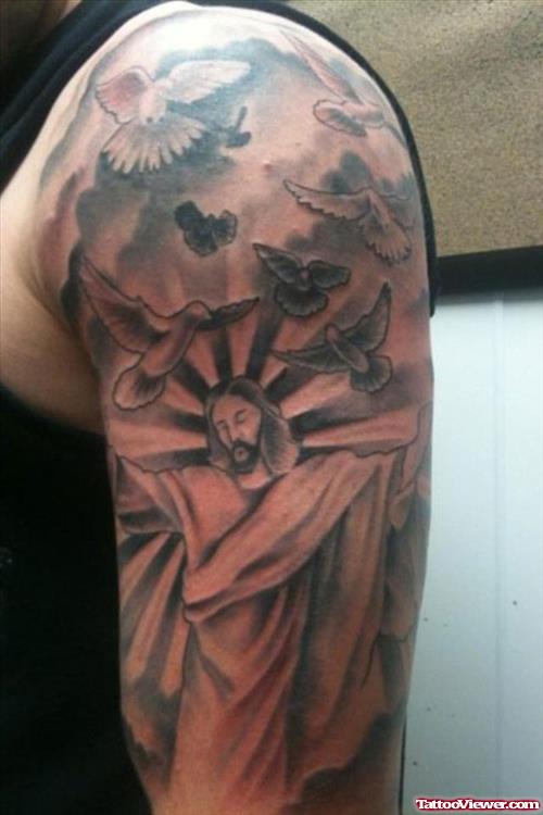 Grey Ink flying doves And Jesus Half Sleeve Tattoo