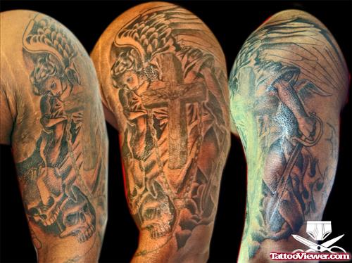 Cross And angel Half Sleeve Tattoo Design