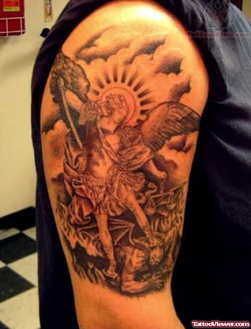 Grey Ink Archangel Half Sleeve Tattoo