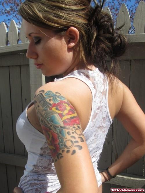 Girl With Left Half Sleeve Tattoo