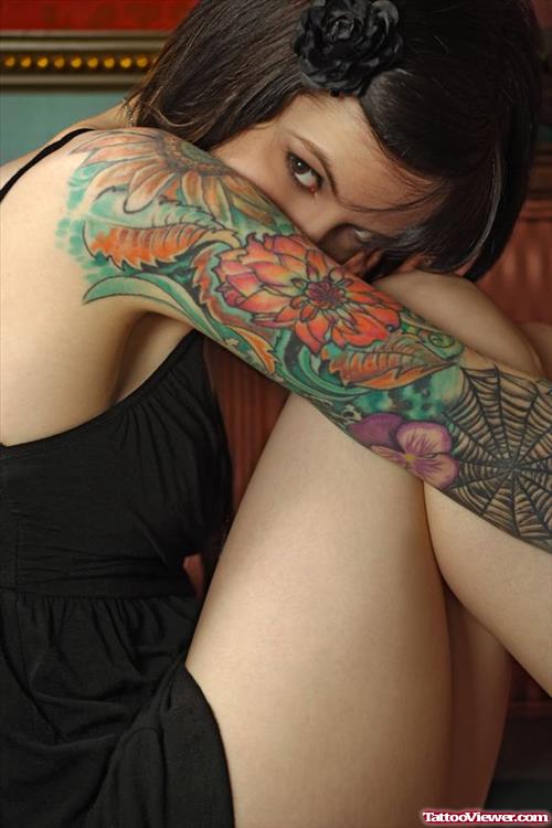 Color Flowers And Spider Web Half Sleeve Tattoo